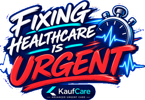 KaufCare “Fixing Healthcare is Urgent” animated GIF with a stopwatch and heartbeat line