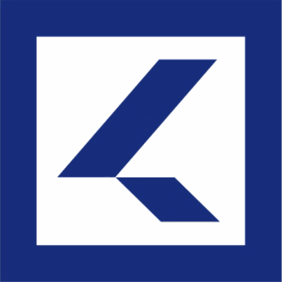 KaufCare logo badge animated GIF — blue K mark in a square frame