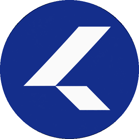 KaufCare logo animated GIF — white K mark on a blue circle
